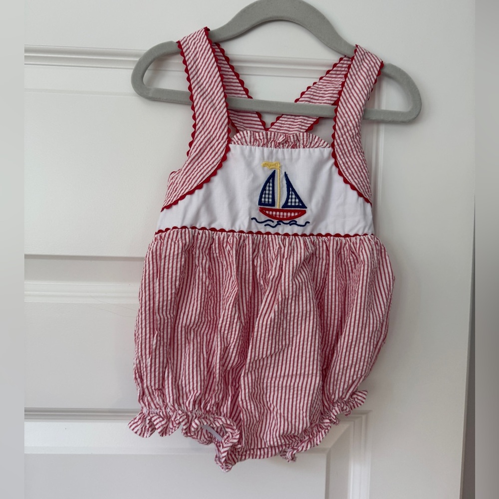 Little English Red and White Striped Sailboat Bubble Romper